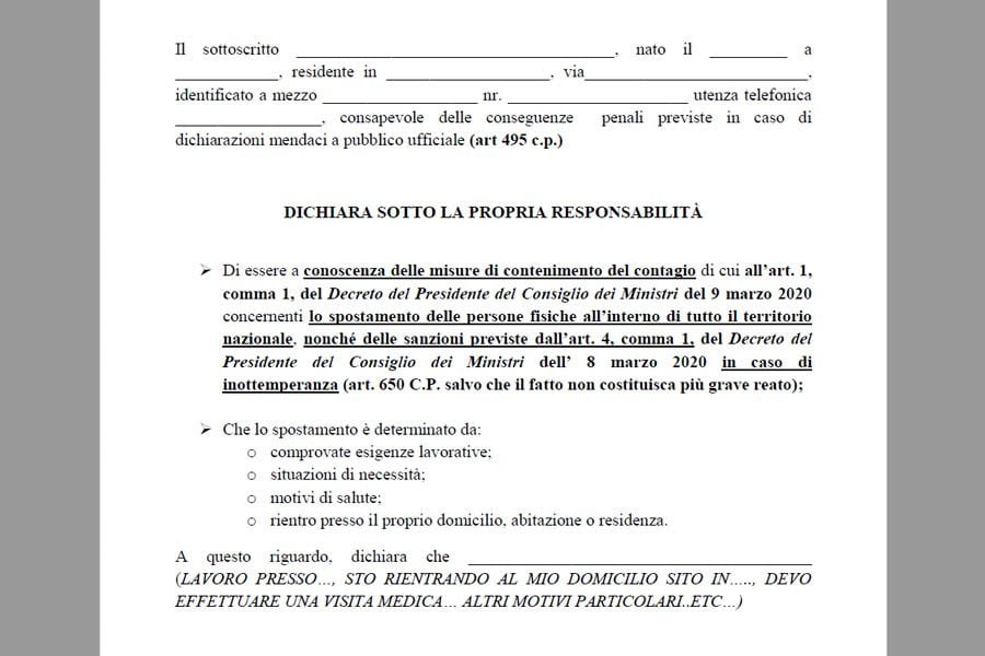 Coronavirus: ecco il modulo di autocertificazione per gli spostamenti