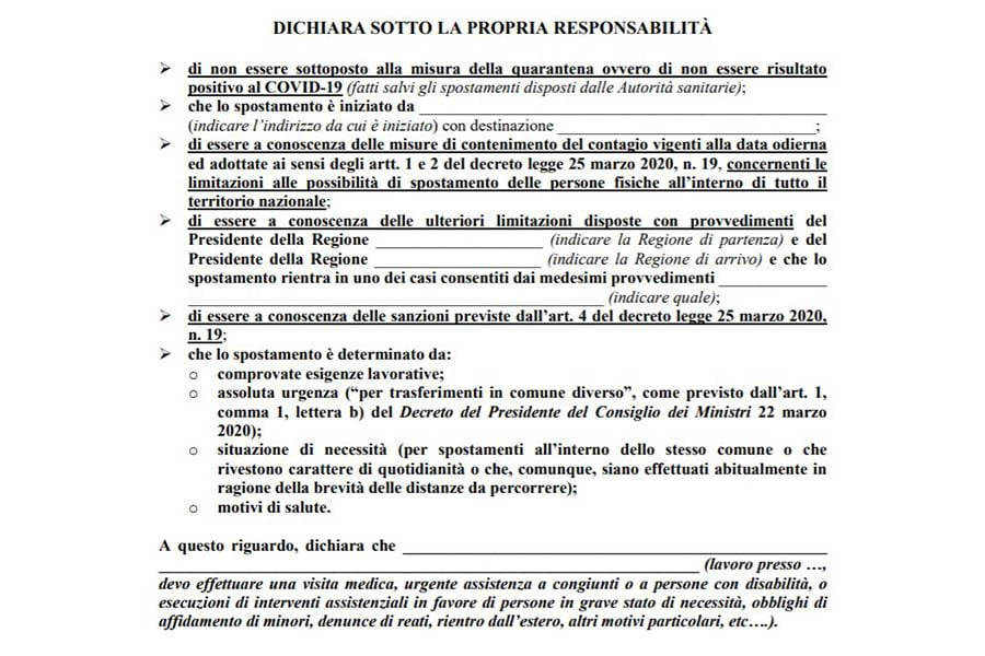 Coronavirus. Il nuovo modulo di autocertificazione per gli spostamenti