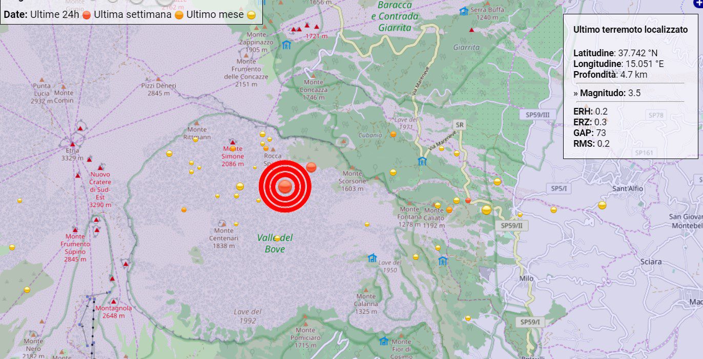 Etna. Scossa magnitudo 3.5 con epicentro Monti Centenari