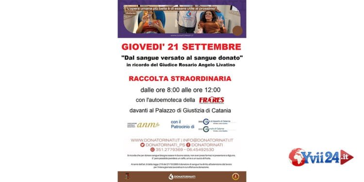 Giovedì 21 settembre, dalle ore 8 alle 12, con l’autoemoteca Fratres ci sarà una raccolta sangue patrocinata dalla Anm e Corte di Appello