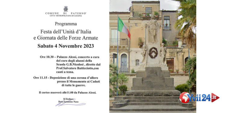 Il 4 novembre a Paternò per la Festa dell'Unità d'Italia e Giornata delle Forze Armate ci sarà un concerto e la deposizione di una corona d’alloro