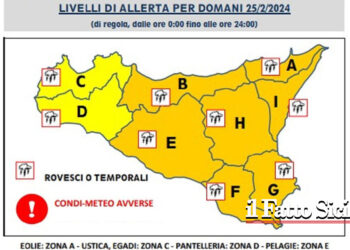 La Protezione civile avvisa che domani domenica 25 febbraio sono previsti precipitazioni e temporali sparsi e vento