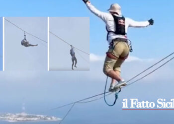 L’impresa è dell’atleta estone Jaan Roose che ha valicato lo Stretto di Messina su un ponte fatto di una fune lunga 3600 metri